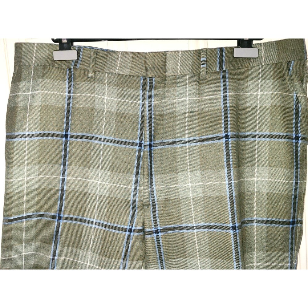 Vtg Orvis green & blue plaid worsted wool flat front dress pants, men's size 42